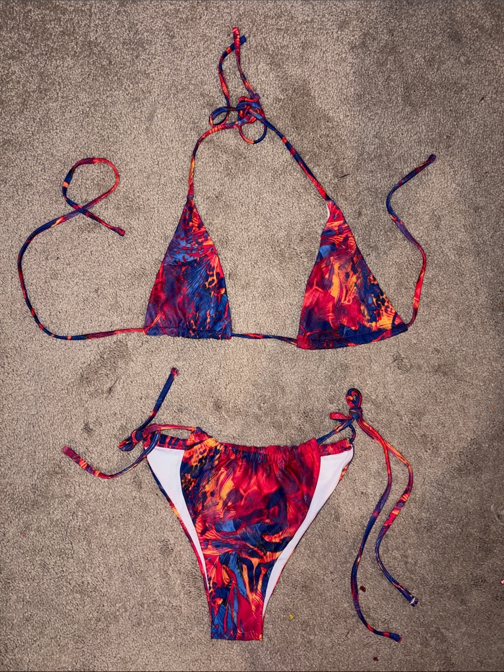 SHEIN Multicolor Red & Blue Marble Tie-Side Bikini
